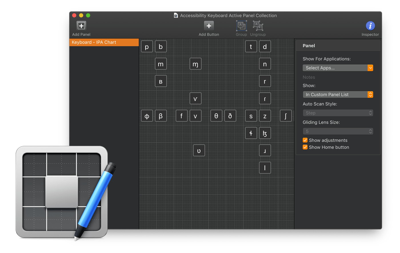 Accessibility Keyboard Panel Editor window and icon