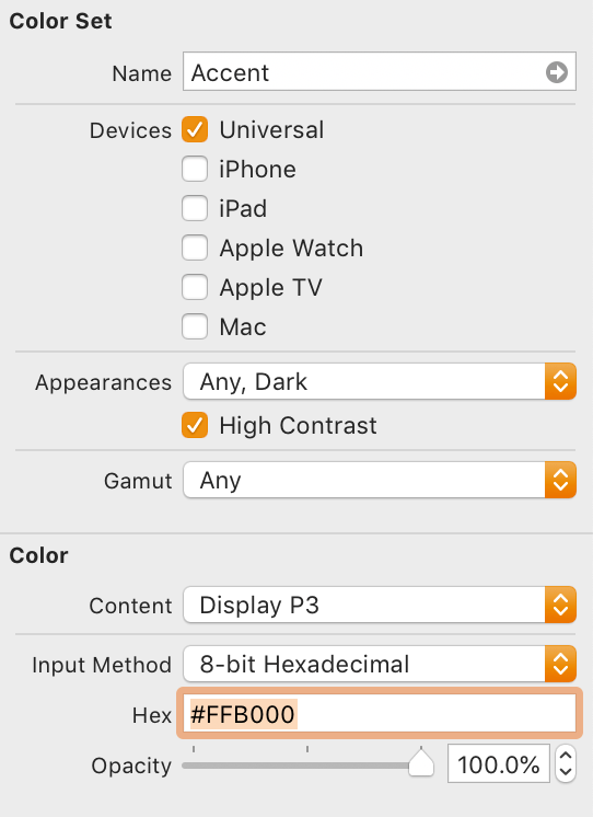 Asset Catalog Color Asset Attributes Inspector